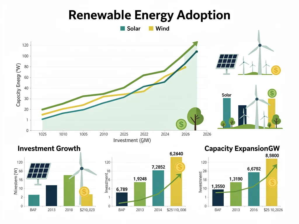 Infographic showing the rapid growth and adoption of renewable energy technologies globally, projecting towards 2026.