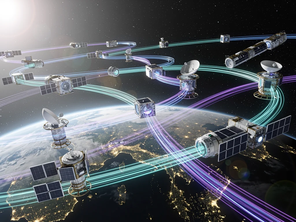 Constellation of interconnected US satellites forming a resilient orbital network.
