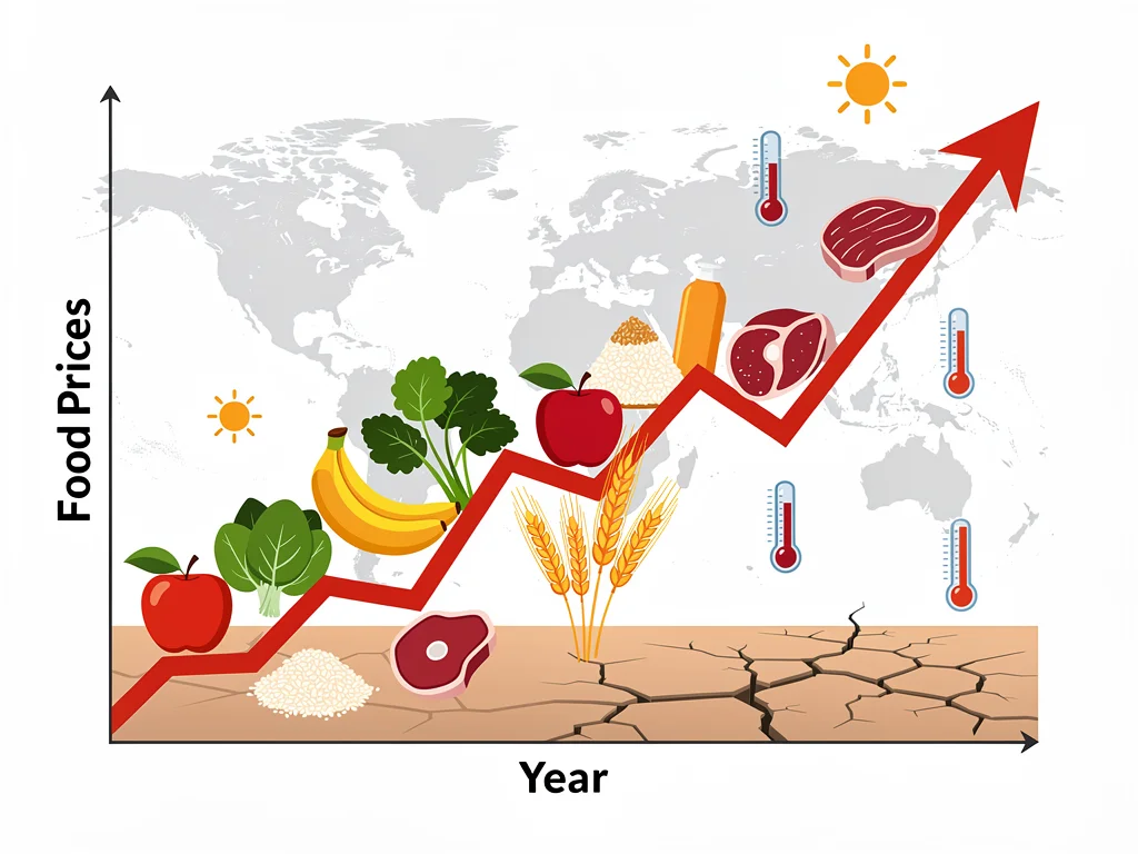 Graphic depicting rising food prices due to climate change impacts on agriculture.