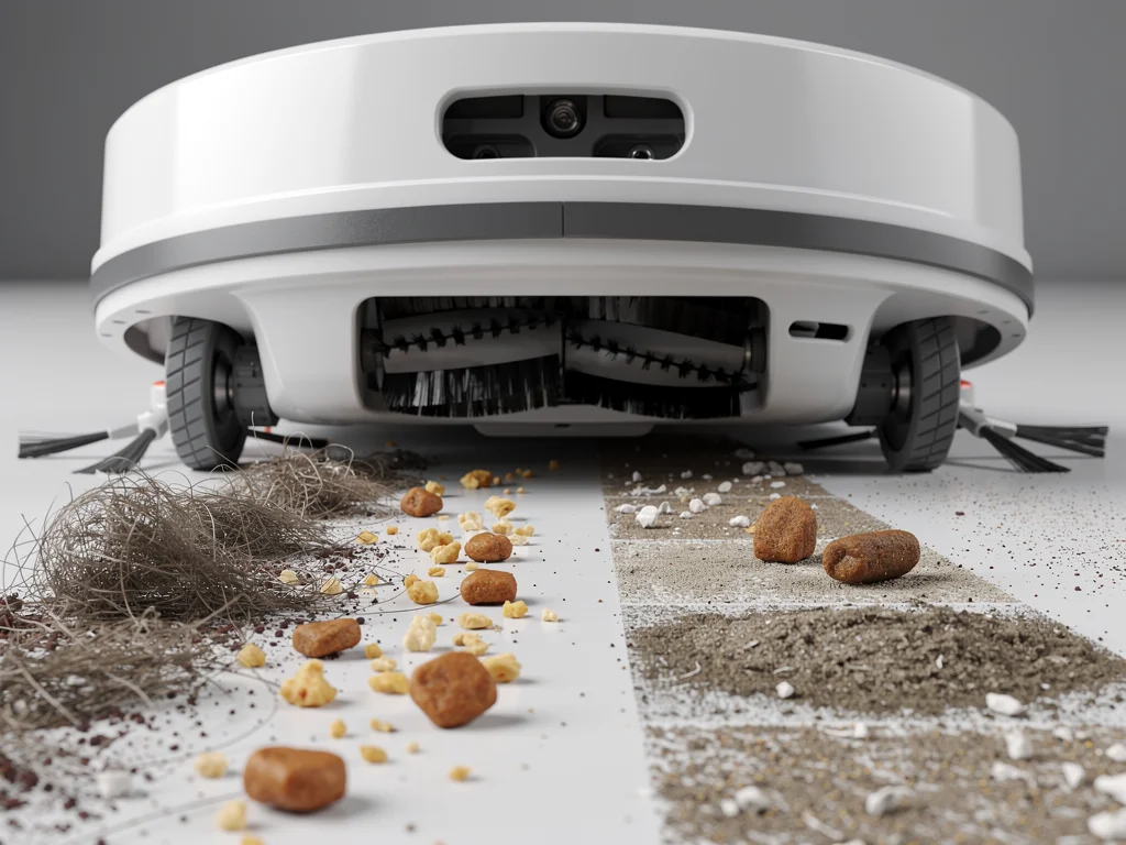 Robot vacuum's brushes and suction mechanism on debris