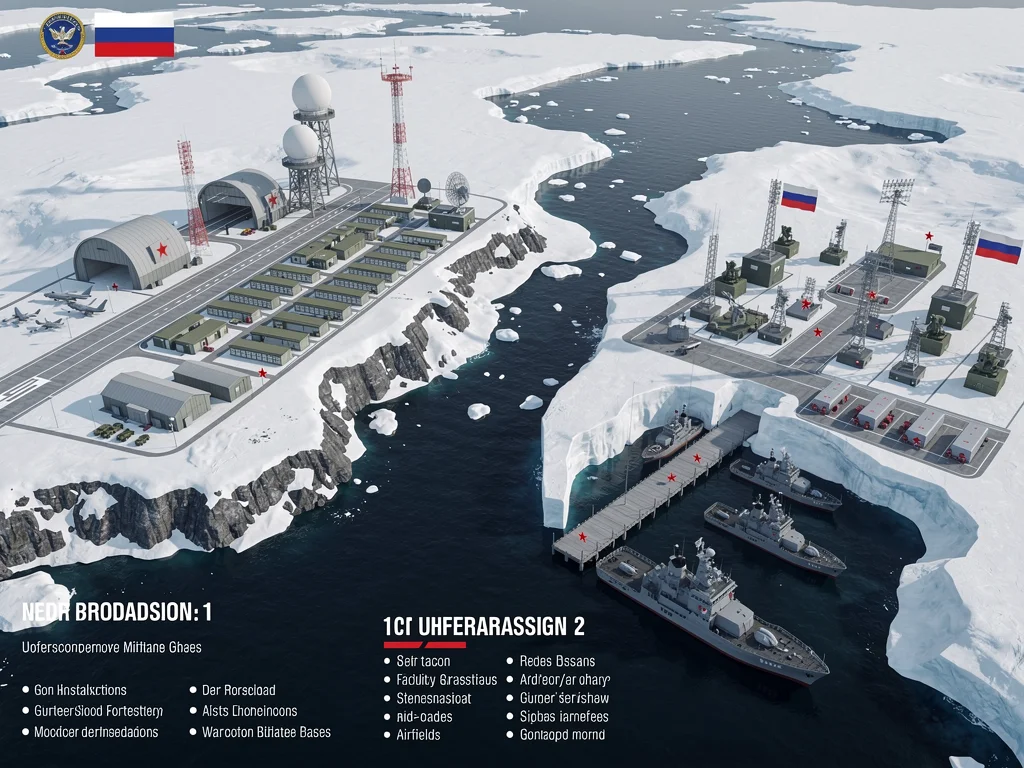 Detailed graphic of two new Russian Arctic military bases with radar, airfields, and naval facilities.