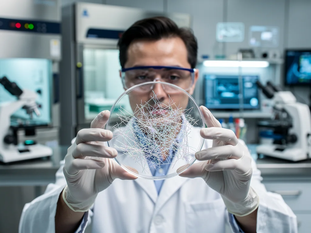 Scientist examining lab-grown textile fiber