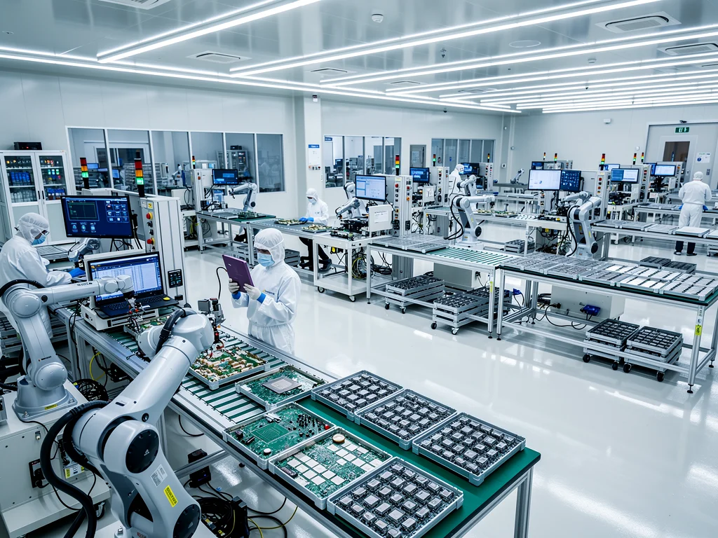 Robotic arms in a semiconductor manufacturing plant, illustrating production challenges.