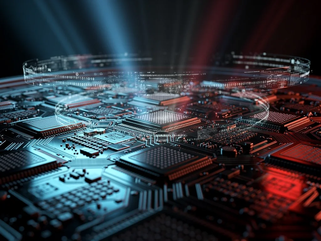 Intricate silicon wafer with microchips under blue and red light, symbolizing semiconductor industry competition.