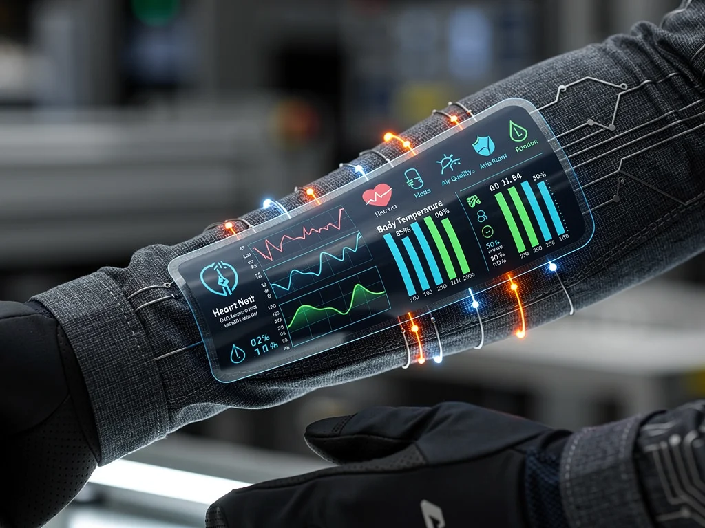 Smart fabric sleeve displaying real-time biometric and environmental data for workers