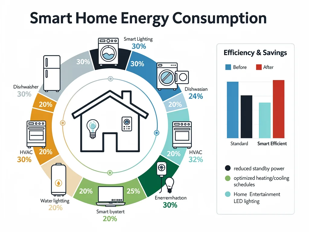 Infographic showing smart home energy consumption breakdown and efficiency