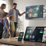 Family using smart home security system control panel