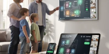 Family using smart home security system control panel