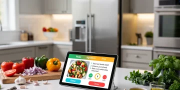 Smart kitchen display showing a recipe in a modern U.S. kitchen