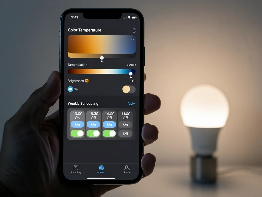 Smartphone app controlling smart lighting settings, showcasing color and brightness options.