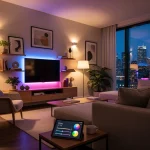 Smart Lighting Systems: Customization & Energy Savings for U.S. Homes Modern living room with customizable smart lighting creating a warm, inviting ambiance, controlled by a tablet.