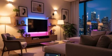 Modern living room with customizable smart lighting creating a warm, inviting ambiance, controlled by a tablet.
