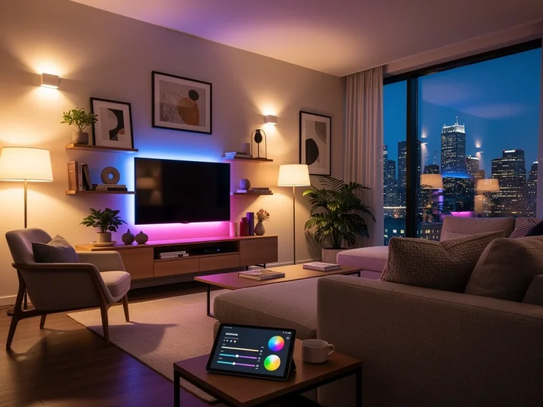 Modern living room with customizable smart lighting creating a warm, inviting ambiance, controlled by a tablet.