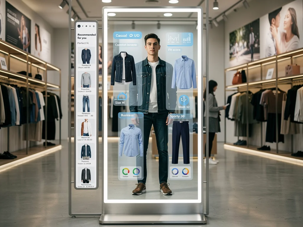 Smart mirror offering personalized fashion recommendations in a US retail store.