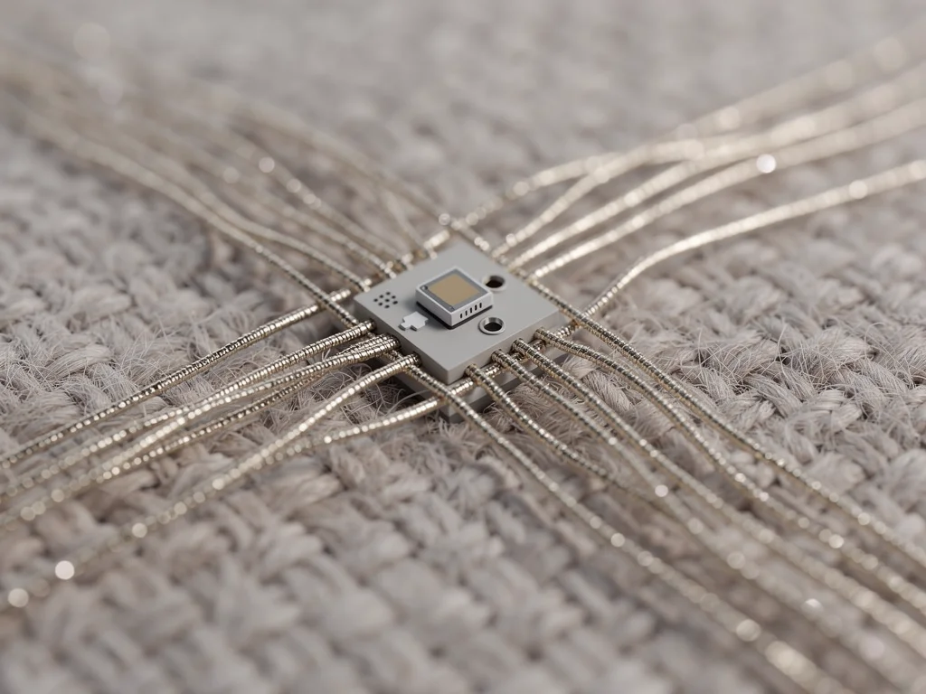 Close-up of smart textile fabric with interwoven conductive threads and discreet sensors.