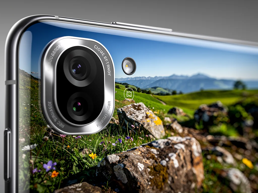 Close-up of a smartphone camera lens capturing a high-quality, detailed landscape photograph.