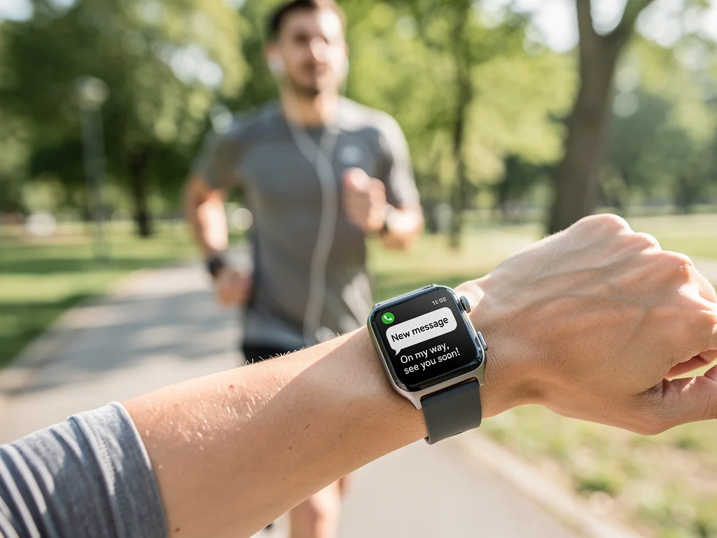 Person jogging receiving a text message notification on their smartwatch.