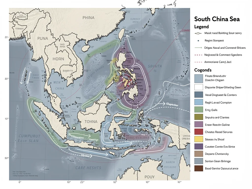 Geopolitical map of contested territorial claims in the South China Sea, showing international disputes.