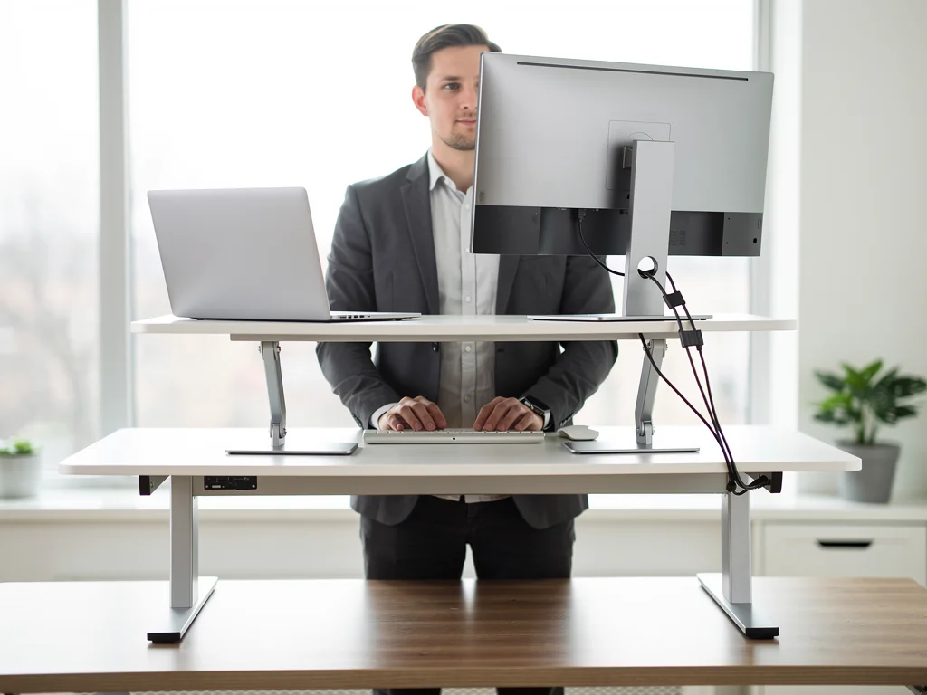 Sleek standing desk converter with laptop and monitor, promoting active work posture.