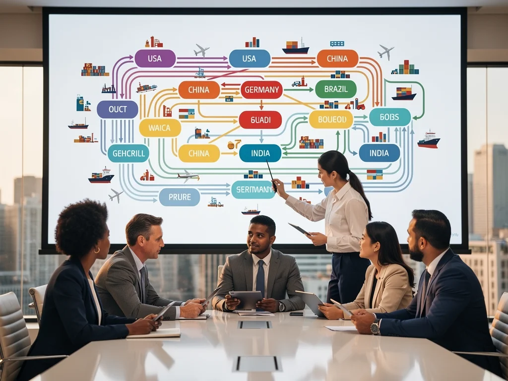 Supply chain optimization flowchart with diverse business team.
