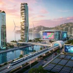 Sustainable Global Economic Growth by 2026: U.S. Initiatives Lead Futuristic cityscape with green energy infrastructure, symbolizing sustainable economic growth.