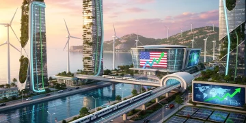 Futuristic cityscape with green energy infrastructure, symbolizing sustainable economic growth.