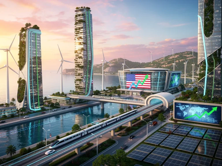 Futuristic cityscape with green energy infrastructure, symbolizing sustainable economic growth.