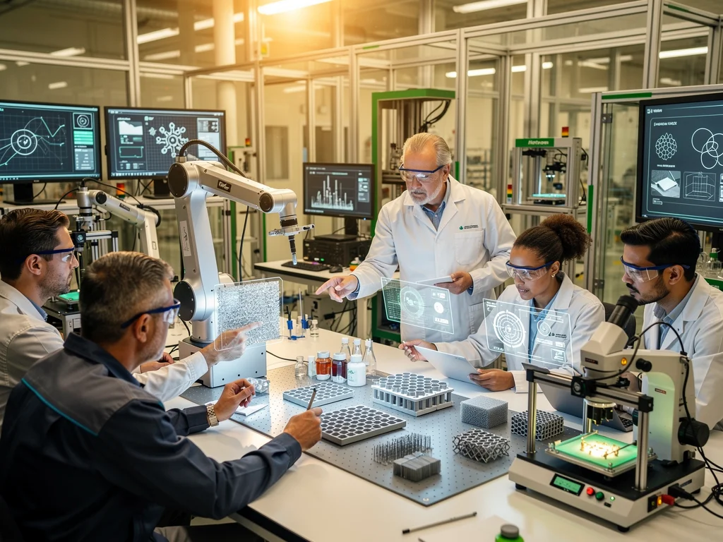 Engineers and technicians collaborating in a high-tech R&D lab for sustainable manufacturing.