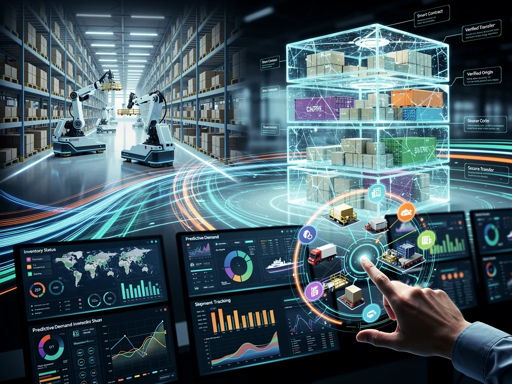 Advanced technology integration in supply chain, showing AI, robotics, and blockchain for improved visibility.