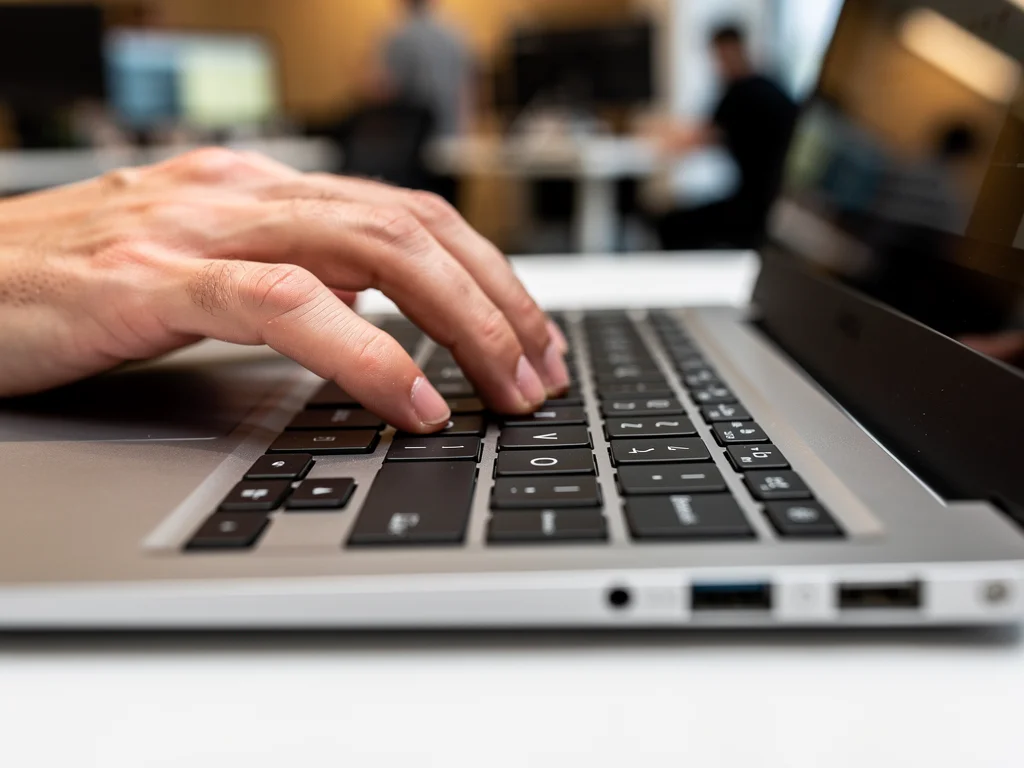 Professional typing on a durable ultrabook keyboard in an office setting