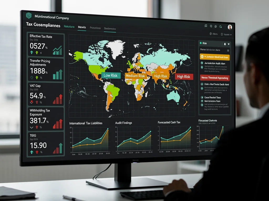 Digital dashboard monitoring international tax compliance and KPIs