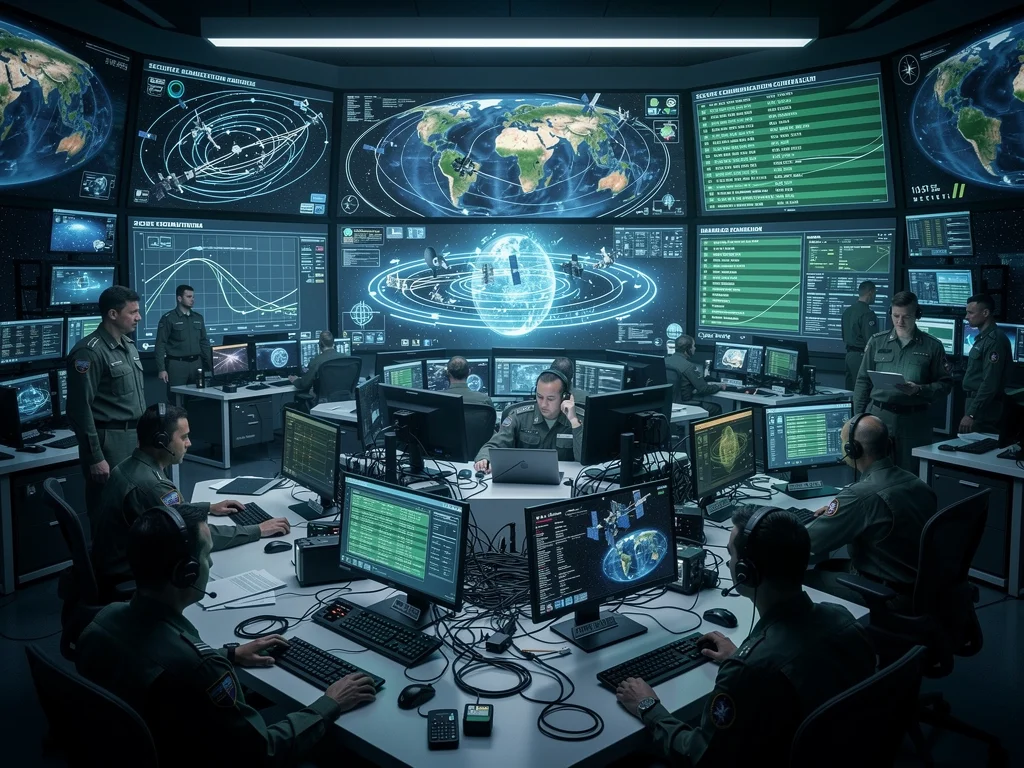 Advanced satellite control center monitoring orbital trajectories and national security data.
