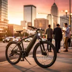 Urban U.S. E-Bikes 2026: Performance & Range Review Modern electric bike against a city skyline at dusk, highlighting urban mobility.