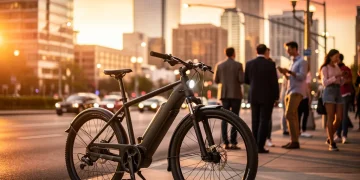 Modern electric bike against a city skyline at dusk, highlighting urban mobility.