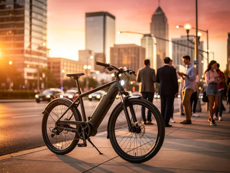 Modern electric bike against a city skyline at dusk, highlighting urban mobility.