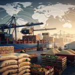 US Agricultural Exports & Global Food Security 2026 Cargo ships loaded with U.S. agricultural exports departing a port, symbolizing global food trade.