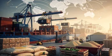 Cargo ships loaded with U.S. agricultural exports departing a port, symbolizing global food trade.