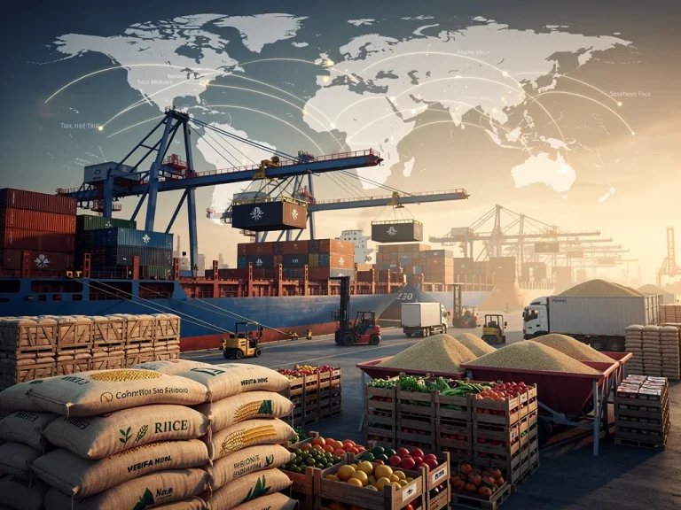 Cargo ships loaded with U.S. agricultural exports departing a port, symbolizing global food trade.