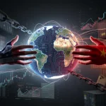 Global tech rivalry between US and China, with digital circuits and national flag symbolism.