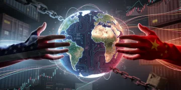 Global tech rivalry between US and China, with digital circuits and national flag symbolism.