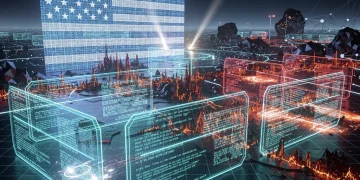 Futuristic digital battlefield with glowing data streams and U.S. cyber defense symbols.