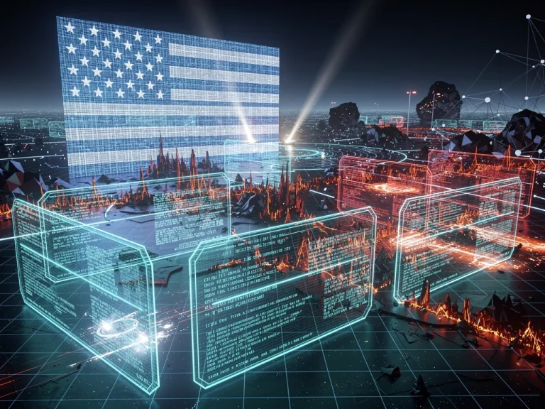 Futuristic digital battlefield with glowing data streams and U.S. cyber defense symbols.