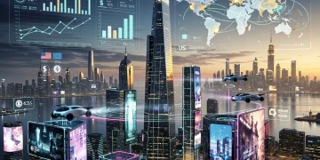 Futuristic cityscape representing U.S. economic competitiveness in 2026 against global powers.