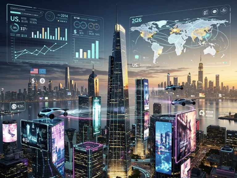 Futuristic cityscape representing U.S. economic competitiveness in 2026 against global powers.