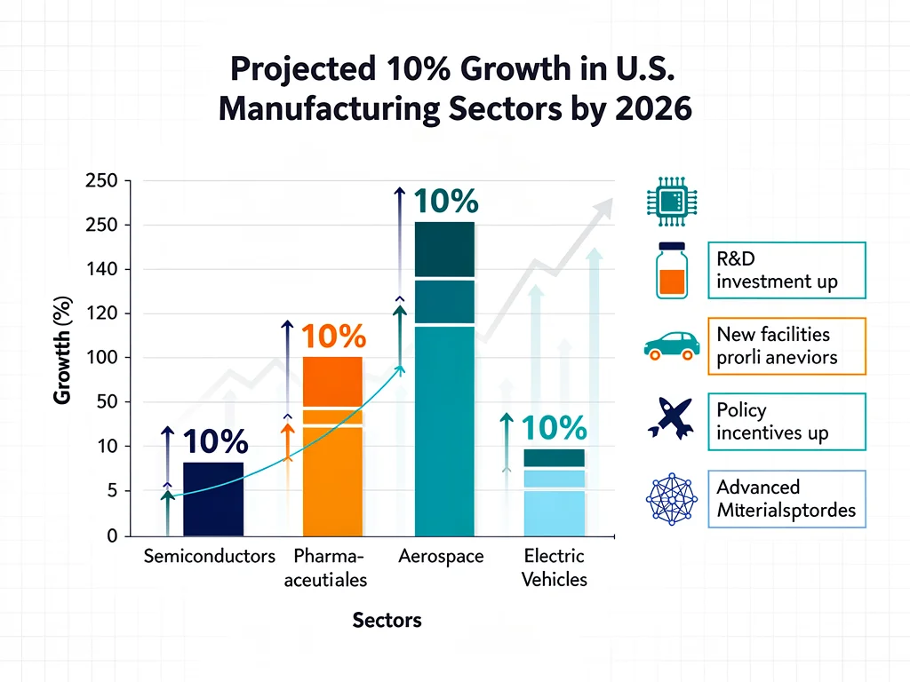 Infographic detailing projected 10% growth in US manufacturing sectors by 2026, including semiconductors and EVs.