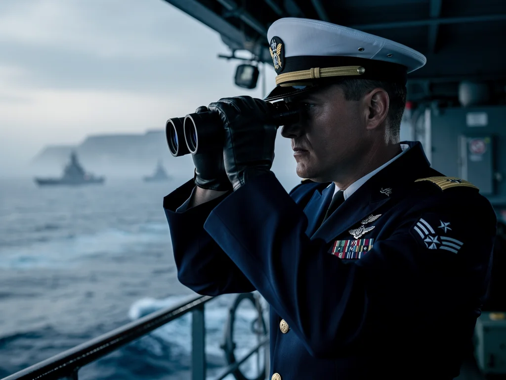 U.S. naval officer observing Black Sea horizon with binoculars