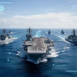 U.S. Navy aircraft carrier strike group in the South China Sea, symbolizing power projection and strategic presence.