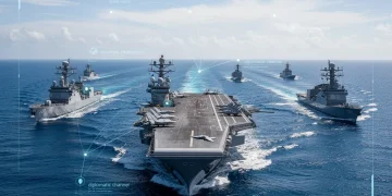 U.S. Navy aircraft carrier strike group in the South China Sea, symbolizing power projection and strategic presence.
