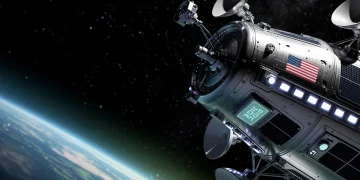 Futuristic US satellite orbiting Earth, symbolizing 2026 space dominance and national security.