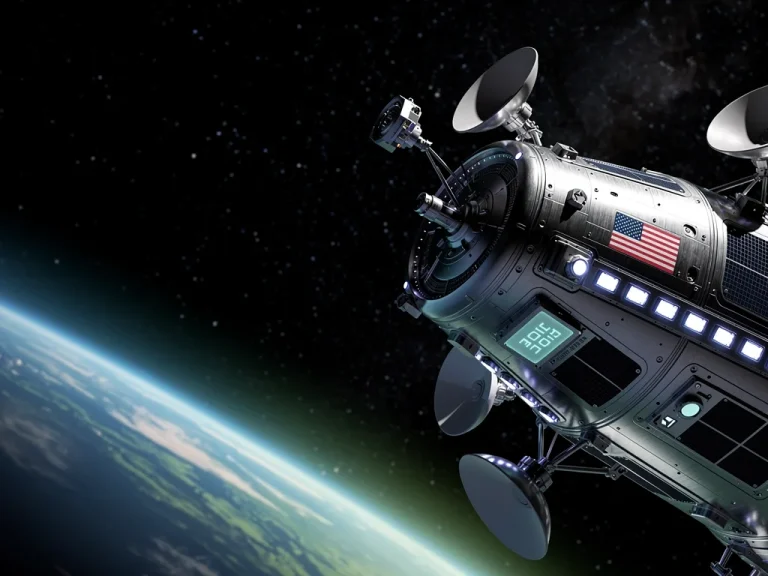 Futuristic US satellite orbiting Earth, symbolizing 2026 space dominance and national security.